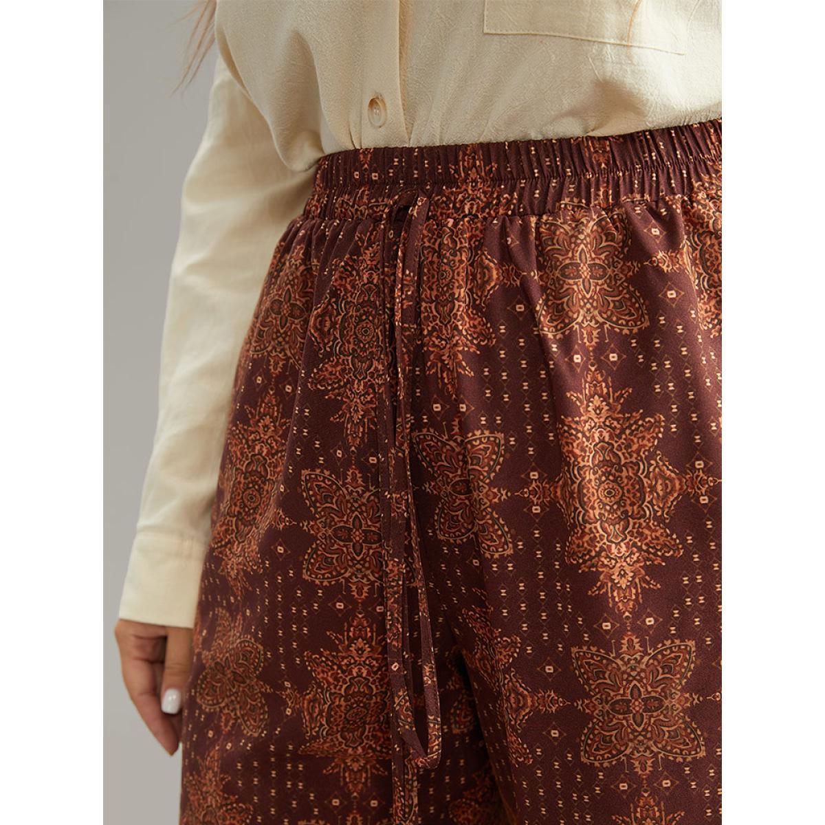 Plus Size Bandana Elastic Waist Wide Leg Ties Pants Women Maroon Vacation Wide Leg High Rise Dailywear Pants BloomChic 30/6X Product Image