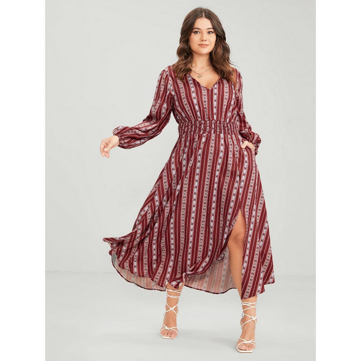 Plus Size Striped Geometric Pocket Lantern Sleeve Shirred Split Dress Red Women Elegant V-neck Long Sleeve Curvy Long Dress BloomChic 22-24/3X Product Image