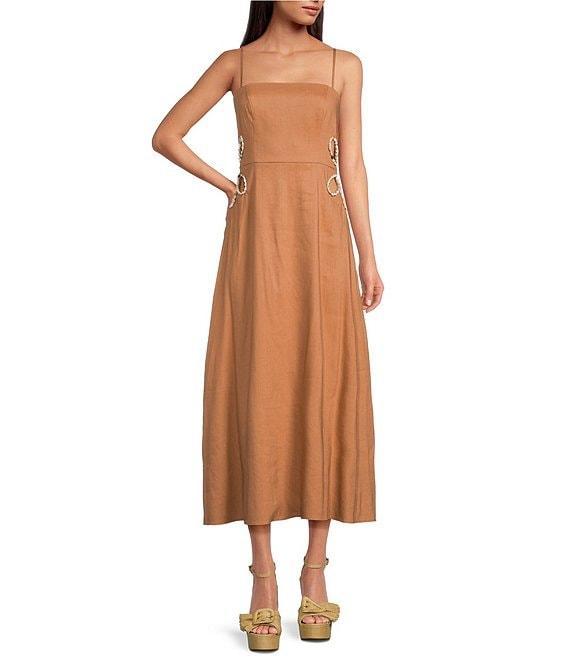 Gianni Bini Ash Square Neck Sleeveless Cut Out Shell Detail Midi Linen A-Line Dress Product Image