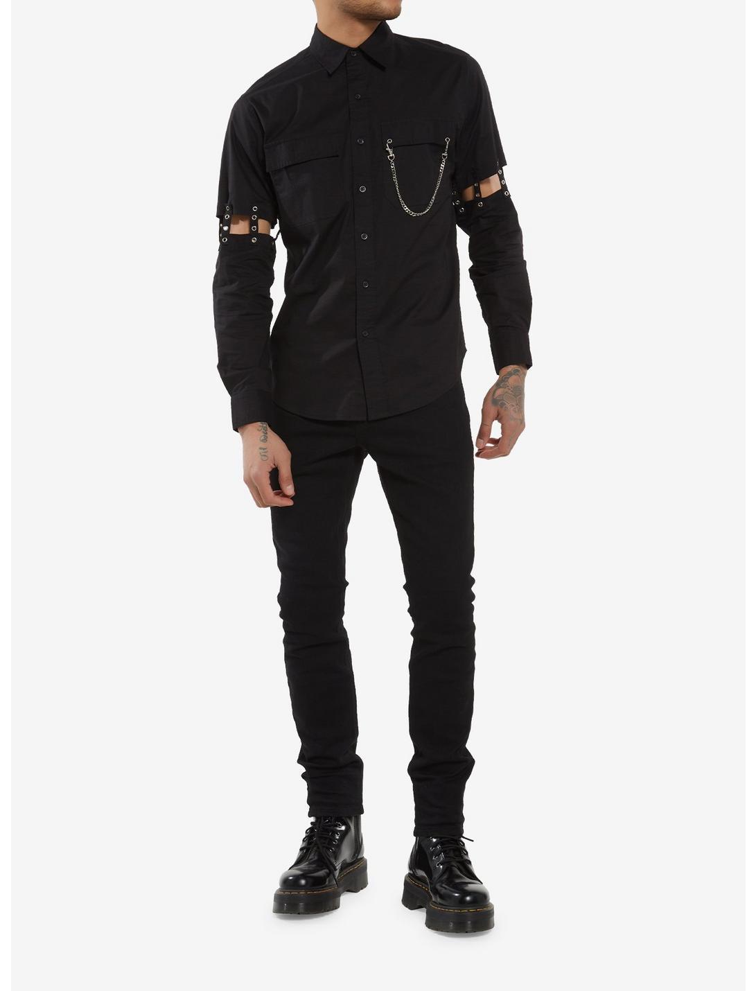 Black Grommet Cutout Straps Long-Sleeve Woven Button-Up Product Image