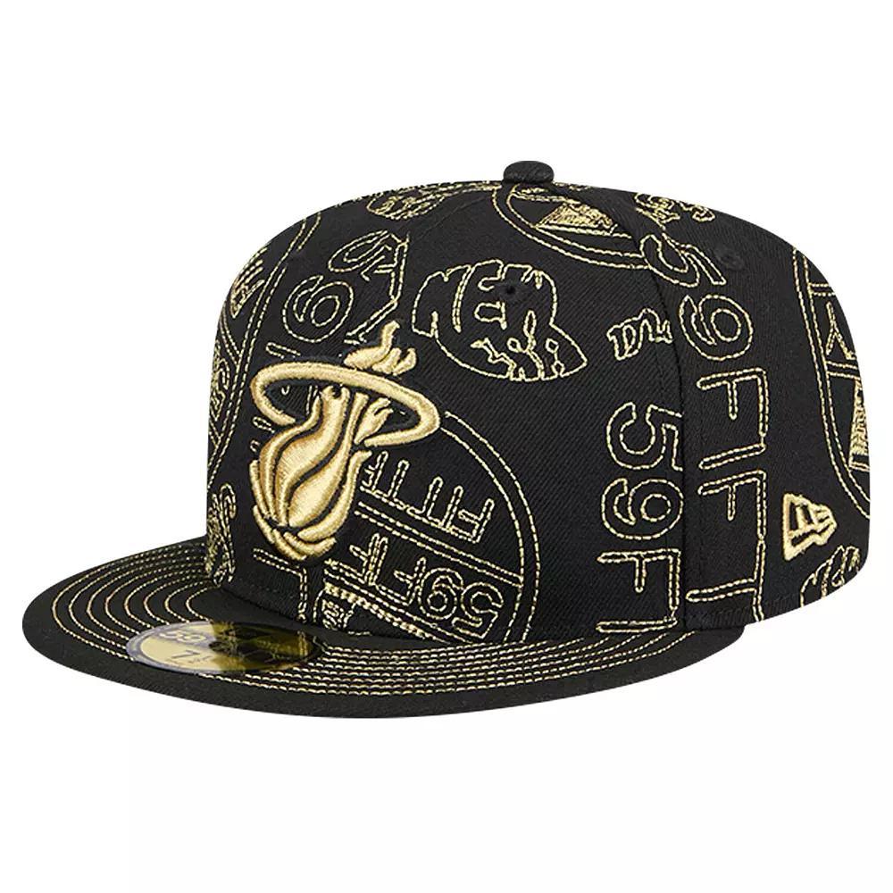 Men's New Era Black Miami Heat 59FIFTY Day Allover Print Stencil Fitted Hat, Size: 7 Product Image