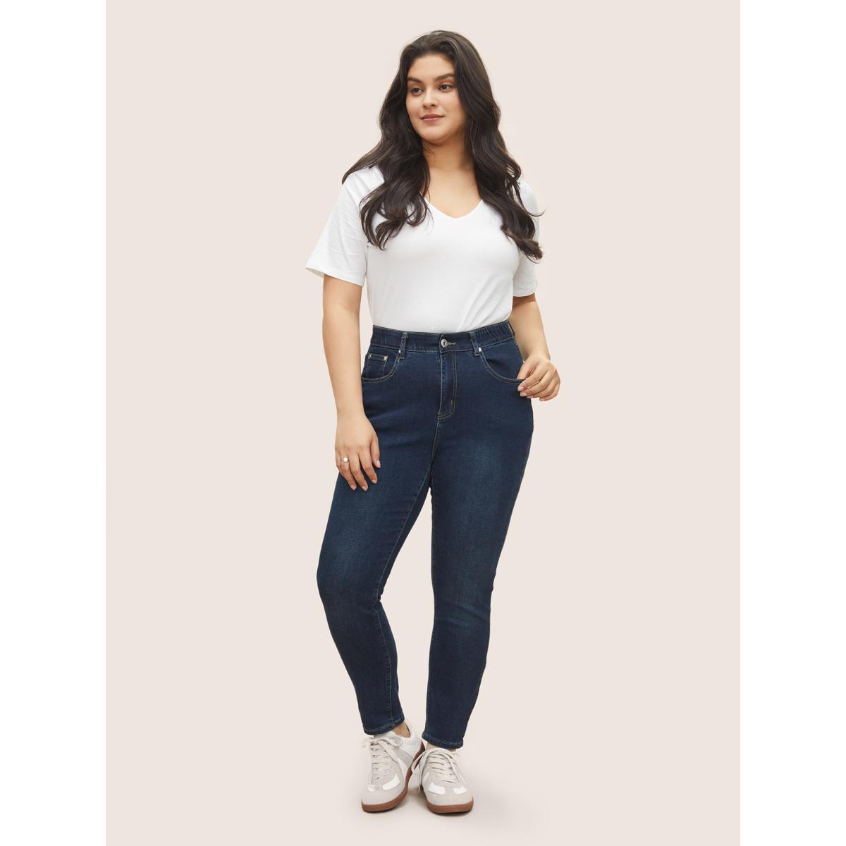 Plus Size Skinny Very Stretchy High Rise Dark Wash Gap Proof Jeans Women DarkBlue Casual Plain Non High stretch Slanted pocket Jeans BloomChic 22/3X Product Image