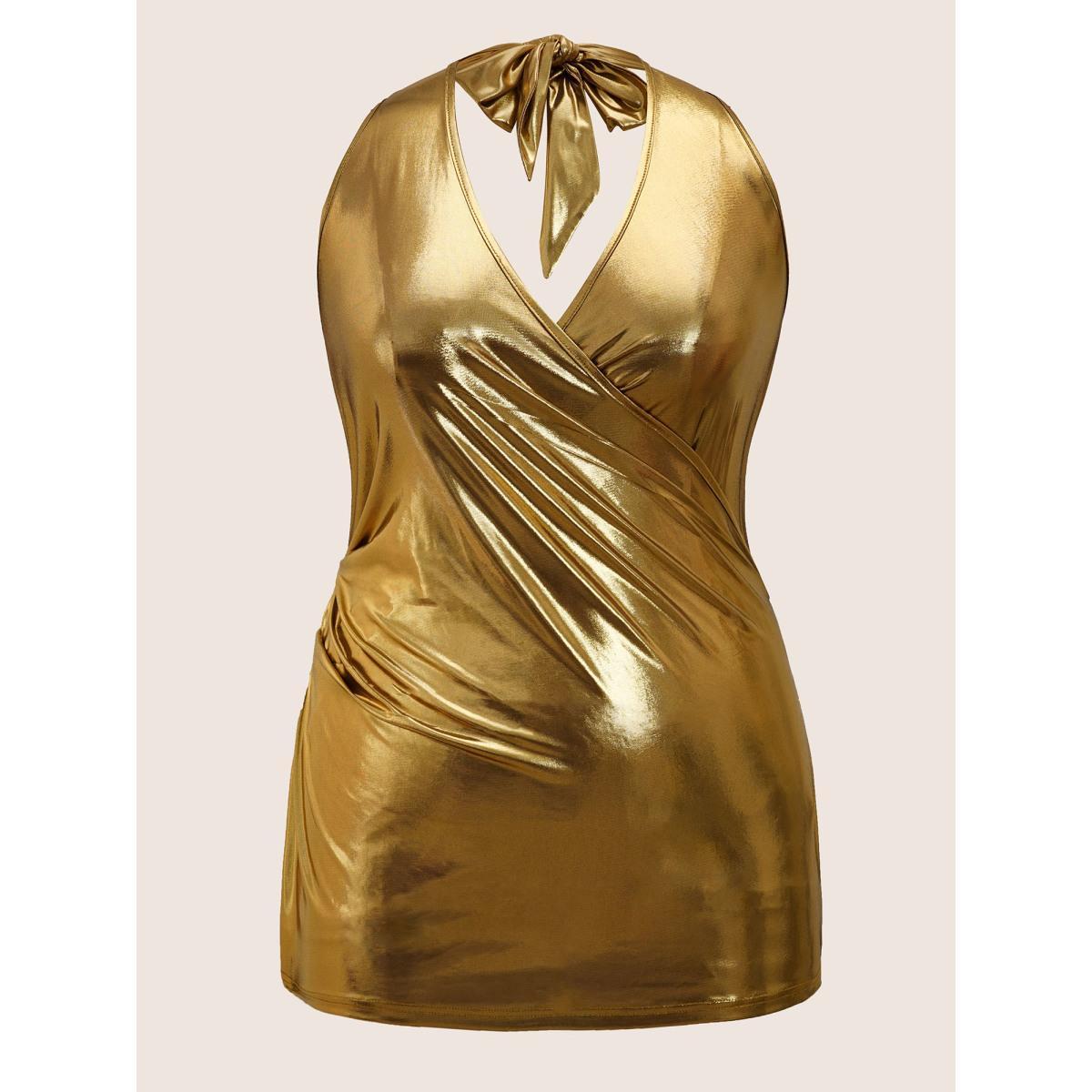 Plus Size Glitter Knot Wrap Backless Tank Top Women Gold Cocktail Backless Cowl Neck Party Tank Tops Camis BloomChic 12/L Product Image