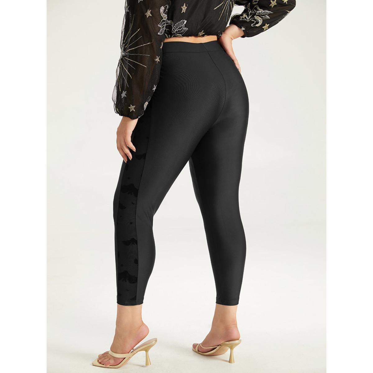 Plus Size Halloween Plain Texture Patchwork Elastic Waist Skinny Leggings Women Black Elegant High stretch Skinny High Rise Festival-Halloween Leggings BloomChic 10/M Product Image