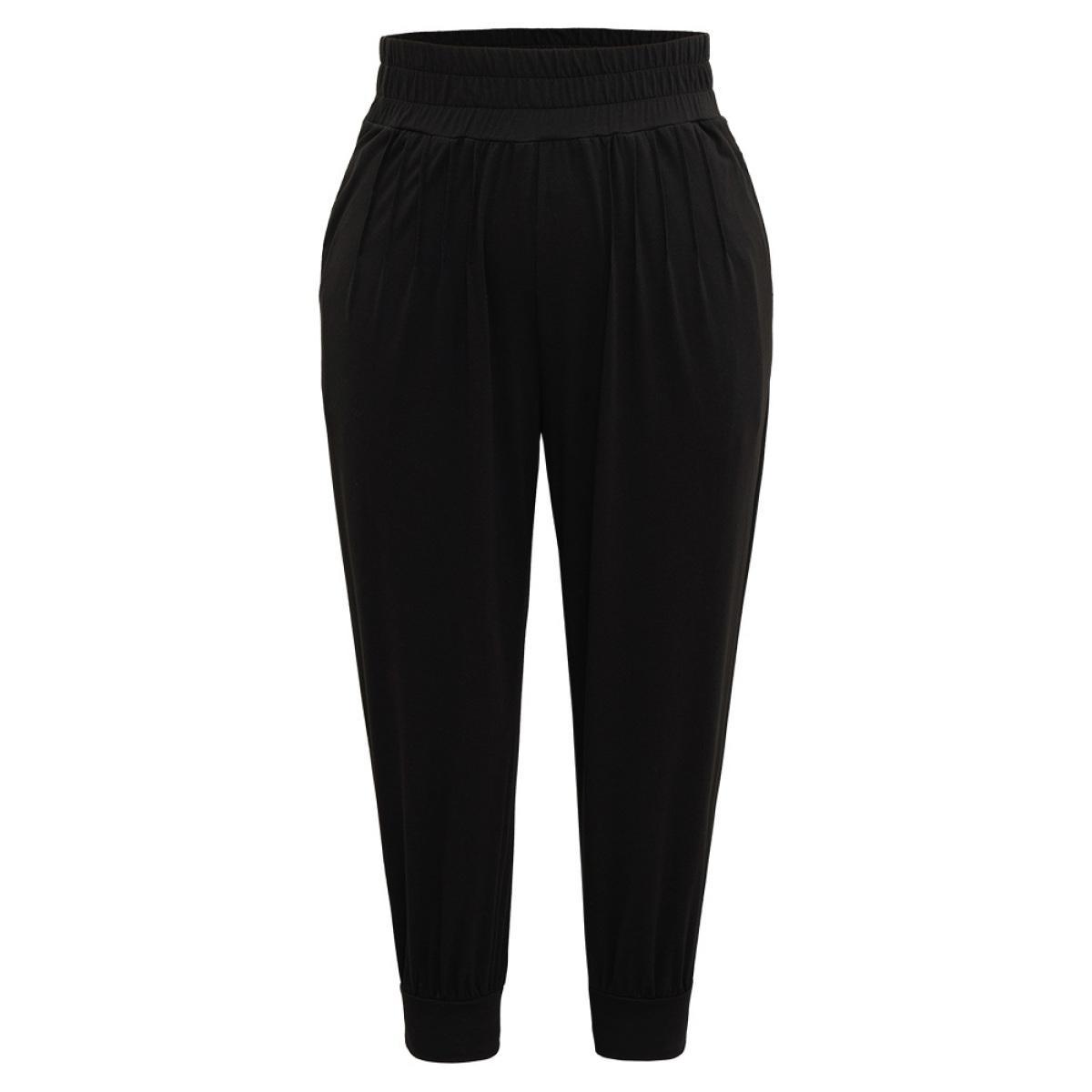 Solid Shirred Pocket Harem Sweatpants Black Plus Size Women Casual Dailywear Tummy control 12/L Bloomchic Product Image