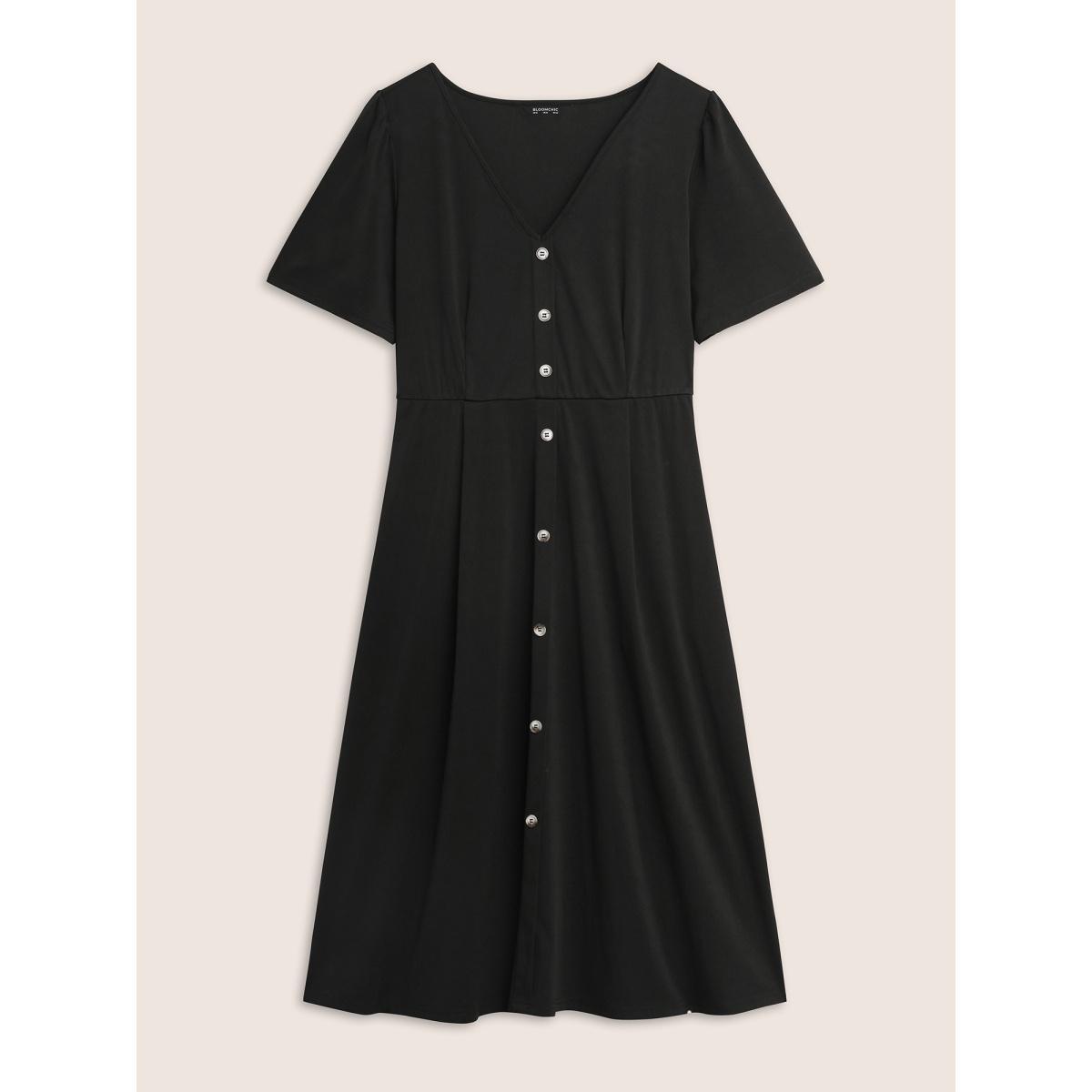 Plus Size V Neck Button Detail Elastic Waist Midi Dress Black Women At the Office Button V-neck Short sleeve Curvy BloomChic 30/6X Product Image