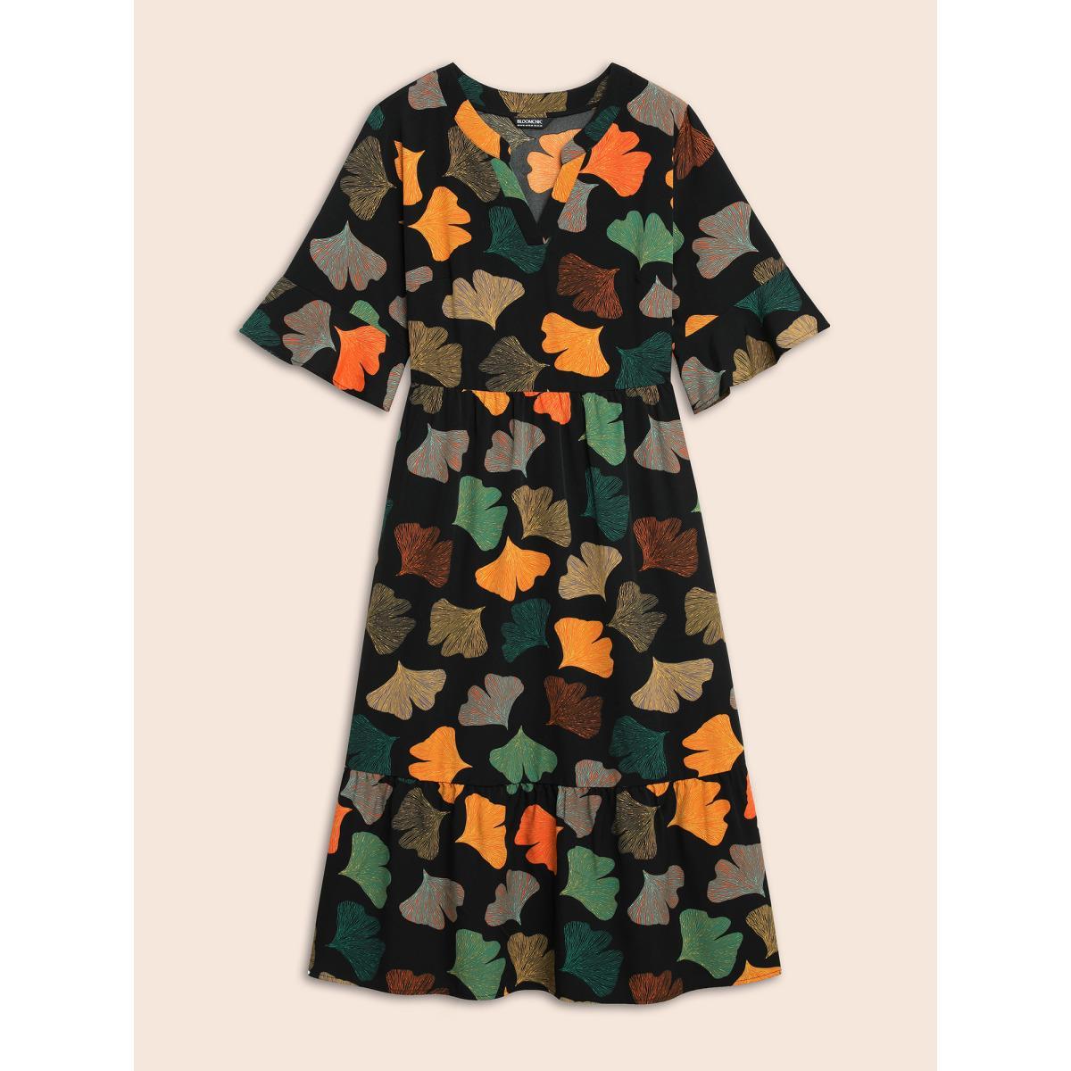 Plus Size Floral Print Notched Ruffle Sleeve Dress BlackFlower Women Elegant Ruffles Flat collar Half Sleeve Curvy BloomChic 14-16/1X Product Image