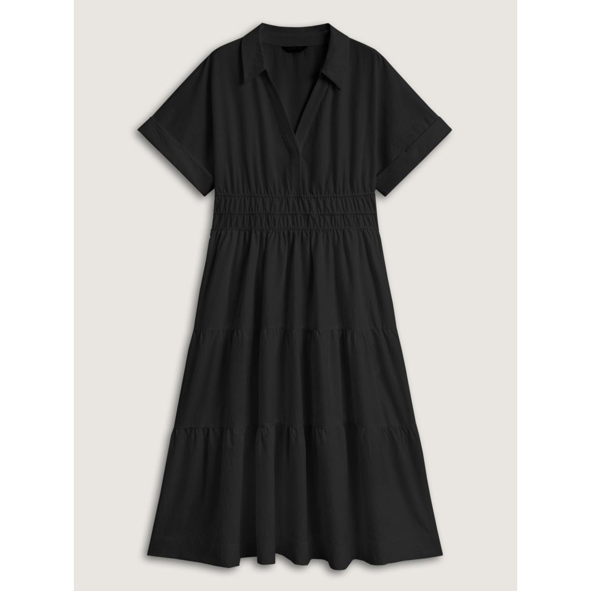 Plus Size Midfield Tiered Midi Shirt Dress Black Women At the Office Gathered Shirt collar Short sleeve Curvy BloomChic 26/4X Product Image