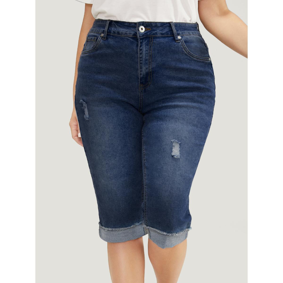 Plus Size Moderately Stretchy Roll Hem Ripped Knee Denim Shorts Women DarkBlue Casual Plain Medium stretch Slanted pocket Jeans BloomChic 24/3X Product Image