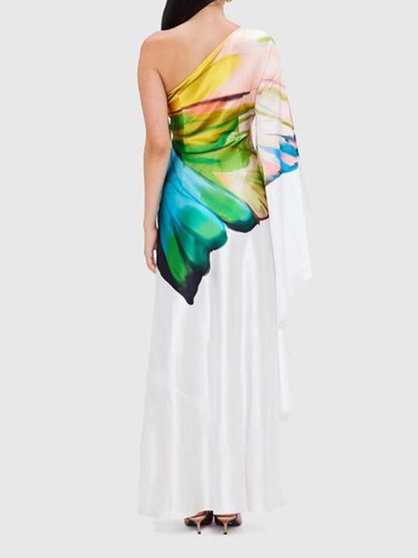 Long Sleeves Loose Asymmetric Flower Print One-Shoulder Maxi Dresses Product Image