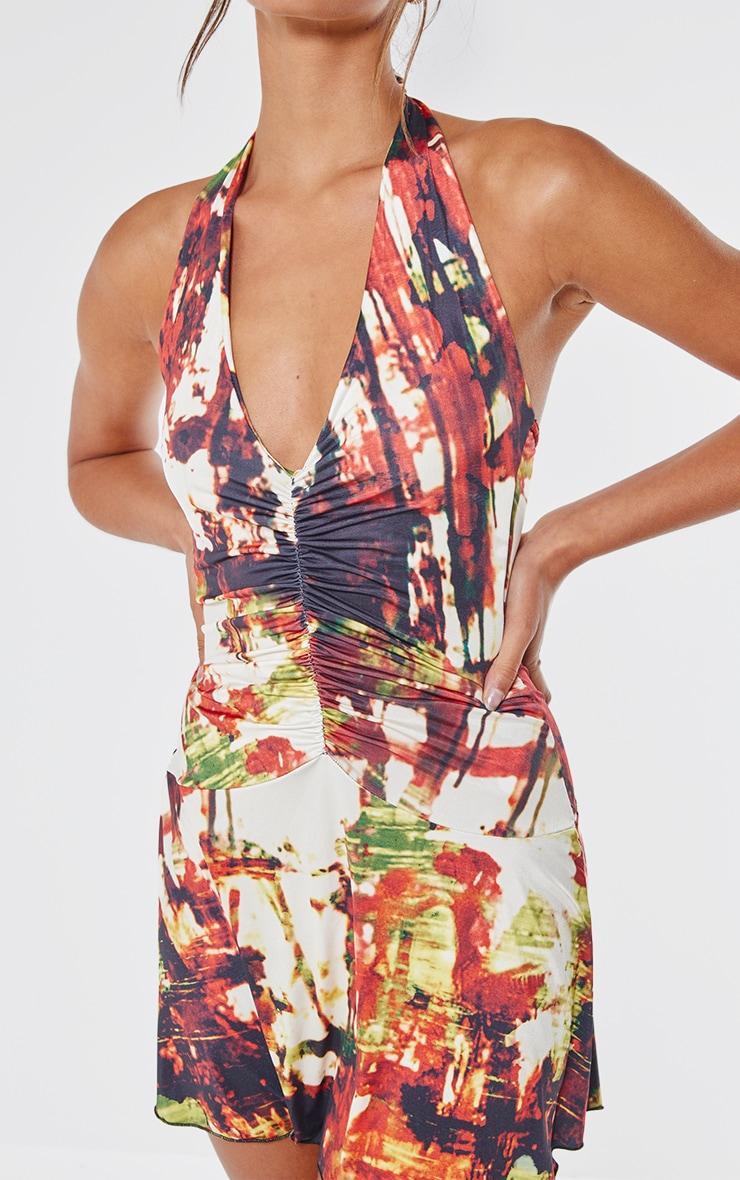 Multi Abstract Print Slinky Halter Neck Mini Dress Product Image