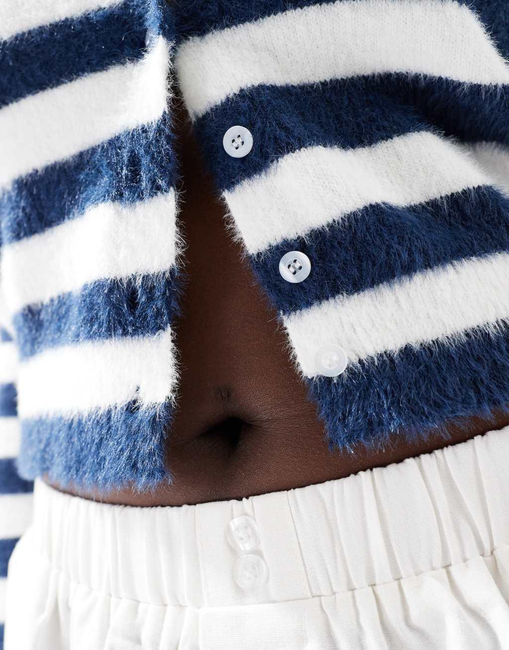 Daisy Street fluffy knit micro cardigan in white navy stripe Product Image