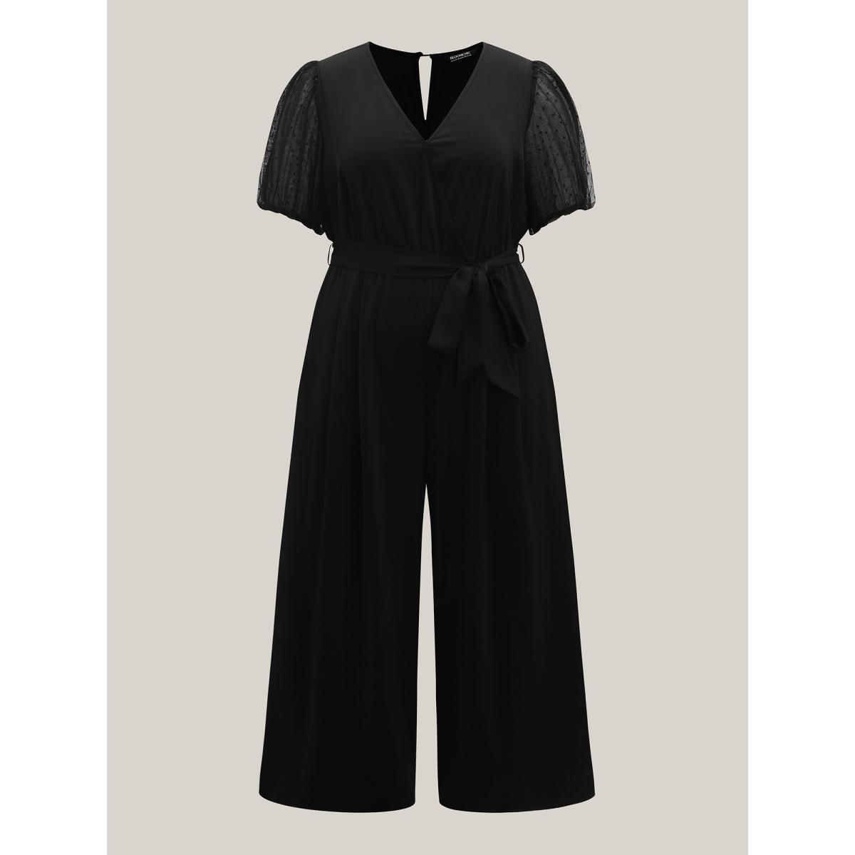 Plus Size Black Sheer Stretchy Waist Belted Solid Jumpsuit Women Half Sleeve Overlap Collar Work Loose Jumpsuits BloomChic 28/5X Product Image