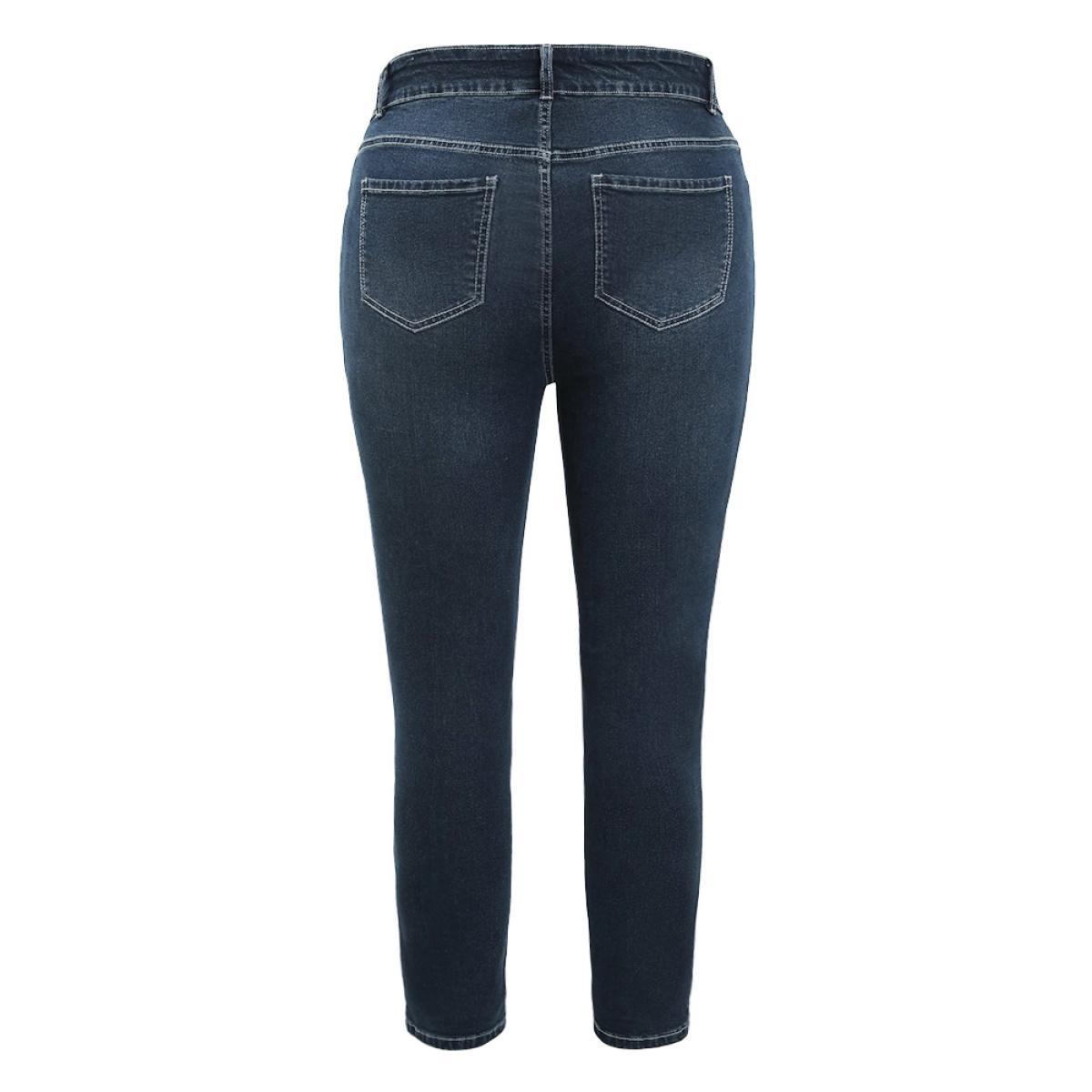 Plus Size Very Stretchy High Rise Dark Wash Distressed Stitch Jeans Women Midnight Casual Plain Roll Hem High stretch Jeans BloomChic 22/3X Product Image