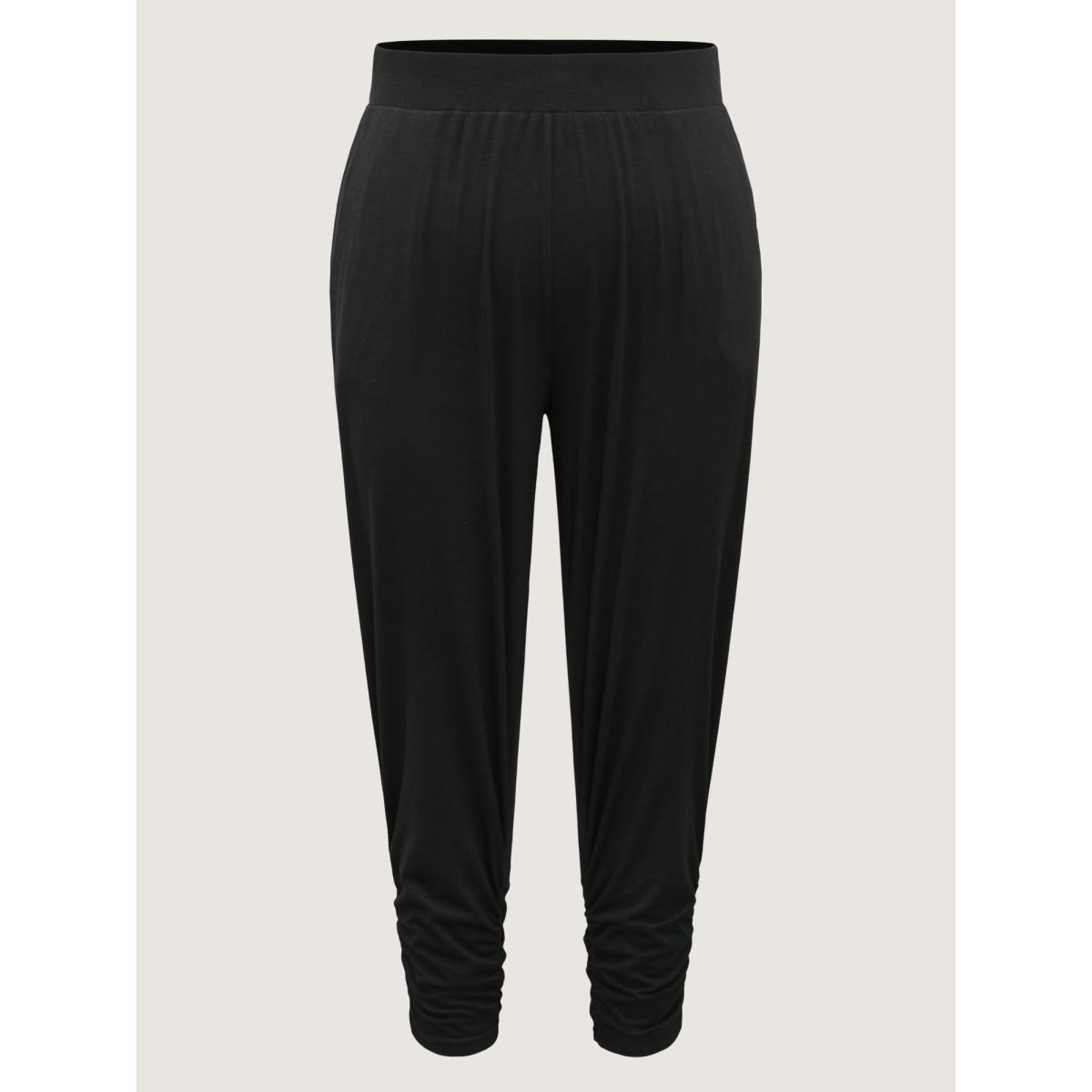 Plus Size Stretchy Straight-Leg Gathered Hem Pants Women Black Casual Mid Rise Everyday-Casual Pants BloomChic 26/4X Product Image