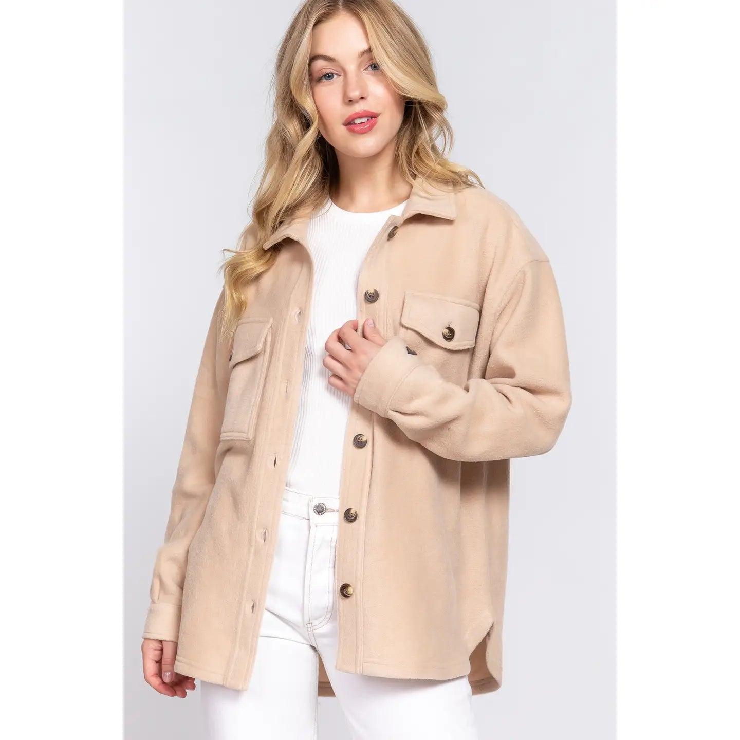 Beige Long Sleeve Notched Collar Front Pocket Fleece Jacket Product Image