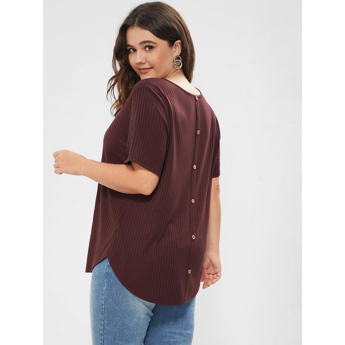 Plus Size Plain Button Back Rib Knit Tee Burgundy Women Elegant Button Plain Round Neck Dailywear T-shirts BloomChic 26/4X Product Image