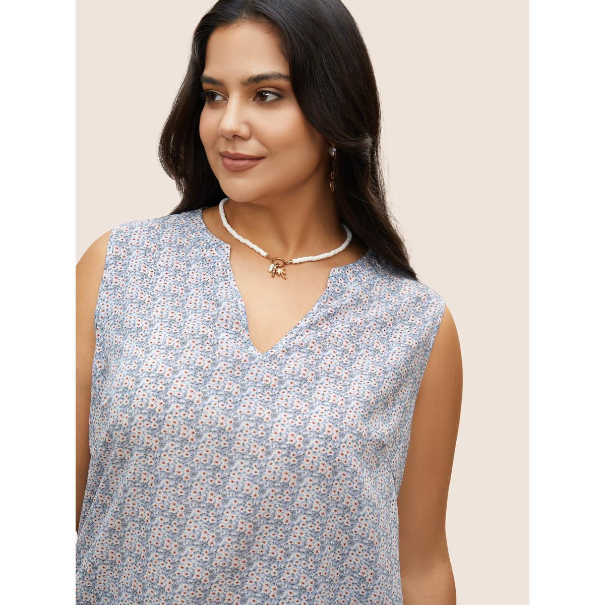 Plus Size Ditsy Floral Patchwork Ruffle Hem Tank Top Women Stone Elegant Frill Trim Notched collar Everyday Tank Tops Camis BloomChic 12/L Product Image