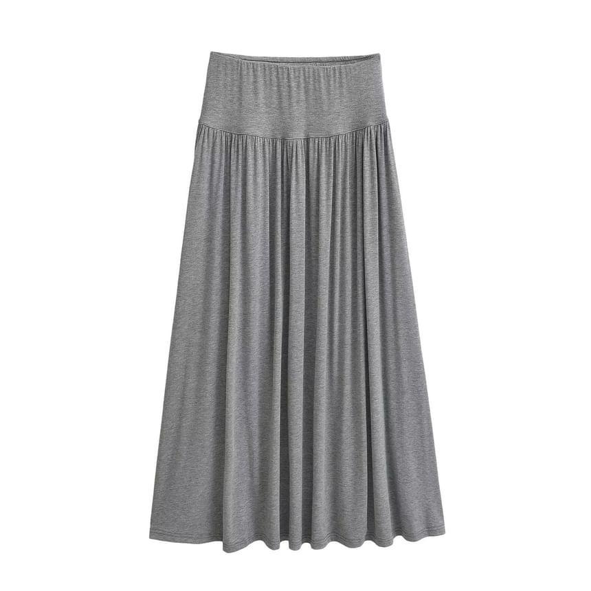 Long-Sleeve Crewneck Plain T-Shirt / High Rise Maxi A-Line Skirt Product Image