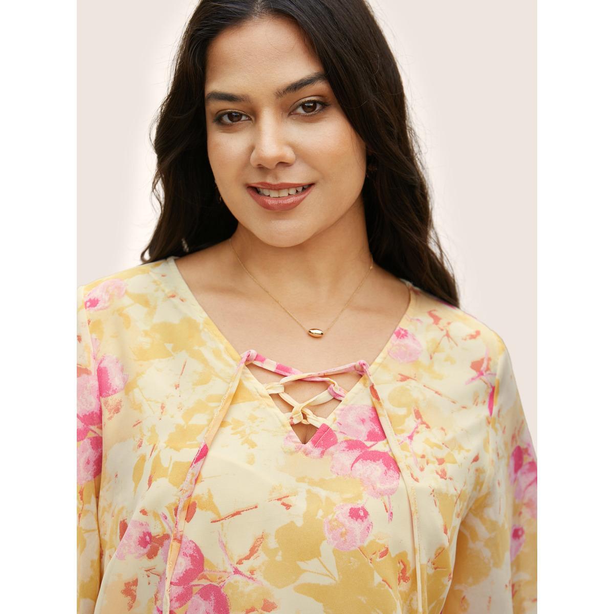 Plus Size Lightyellow Floral Flutter Sleeve Lace Up Blouse Women Elegant Half Sleeve V-neck Everyday Blouses BloomChic 14-16/1X Product Image
