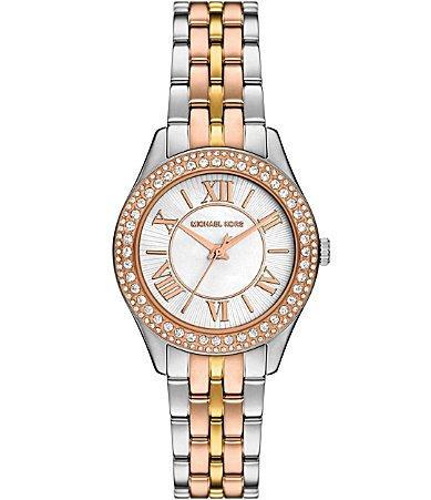 Michael Kors Womens Harlowe Crystal Three-Hand Tri-Tone Stainless Steel Bracelet Analog Watch Product Image