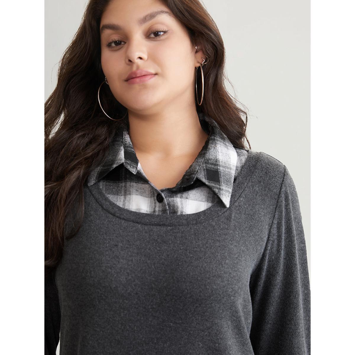 Plus Size 2-In-1 Plaid Patchwork Lapel Collar Sweatshirt Women DimGray Casual Contrast Lapel Collar Dailywear Sweatshirts BloomChic 14-16/1X Product Image