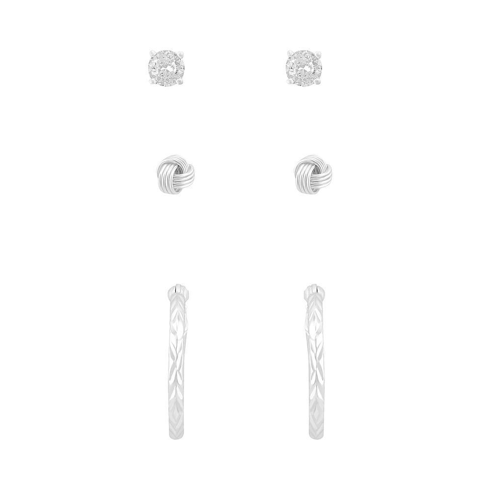 American Exchange 3-Pair Sterling Silver Cubic Zirconia Hoop, Knot, & Stud Earring Set, Womens, Silver Tone Product Image