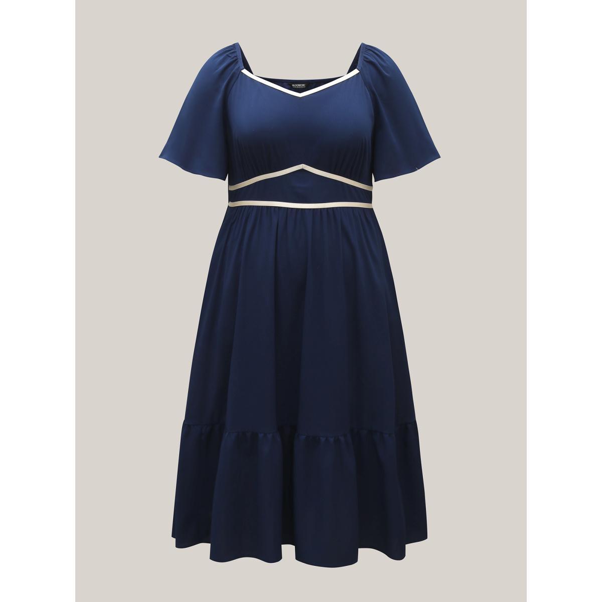 Plus Size Textured Stretchy Waist Milkmaid Style Midi Dress Indigo Women Casual Woven ribbon&lace trim Heart neckline Short sleeve Curvy BloomChic 18-20/2X Product Image