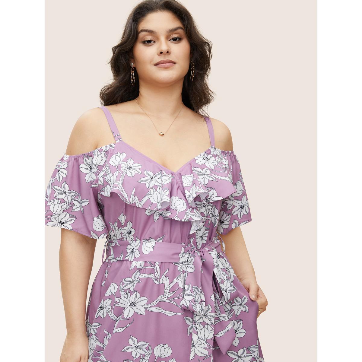 Plus Size Floral Ruffles Asymmetrical Hem Belted Gathered Dress Lilac Women Elegant Gathered Non Short sleeve Curvy Midi Dress BloomChic 22-24/3X Product Image