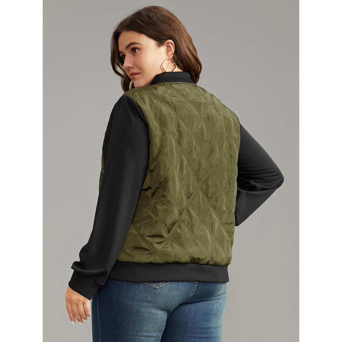 Plus Size Contrast Patchwork Quilted Zipper Bomber Jacket Women ArmyGreen Elastic cuffs Everyday Jackets BloomChic 18-20/2X Product Image