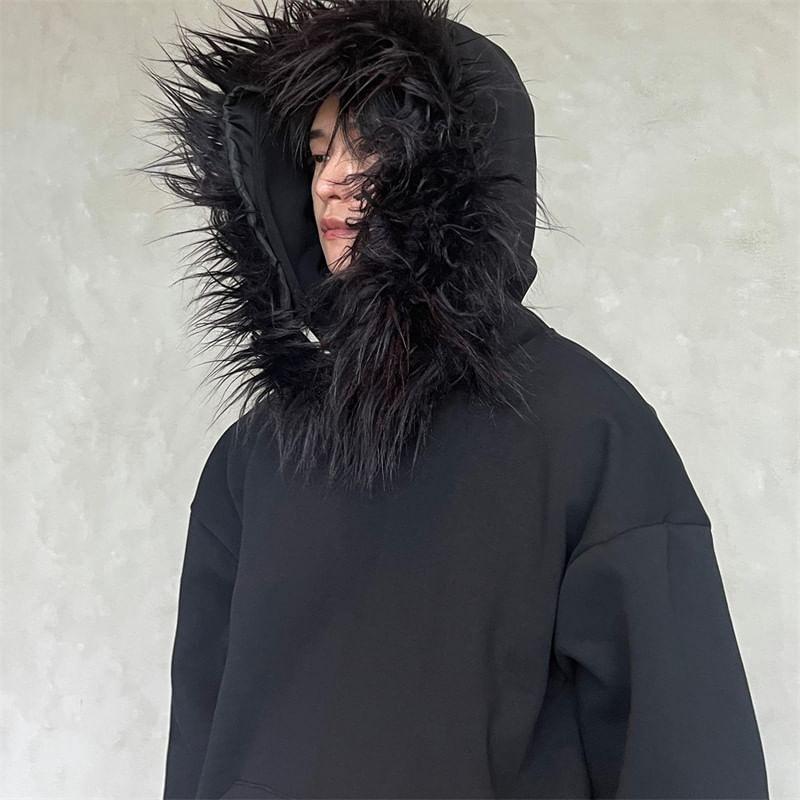 V-Neck Faux Fur Trim Plain Oversized Hoodie Product Image