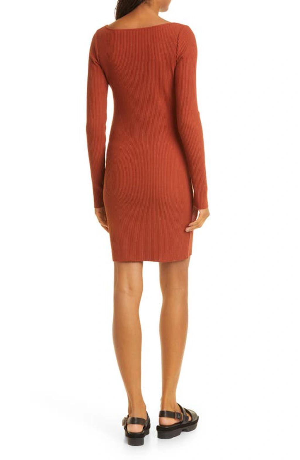 Square Neck Long Sleeve Rib Dress In Rust Amber Product Image