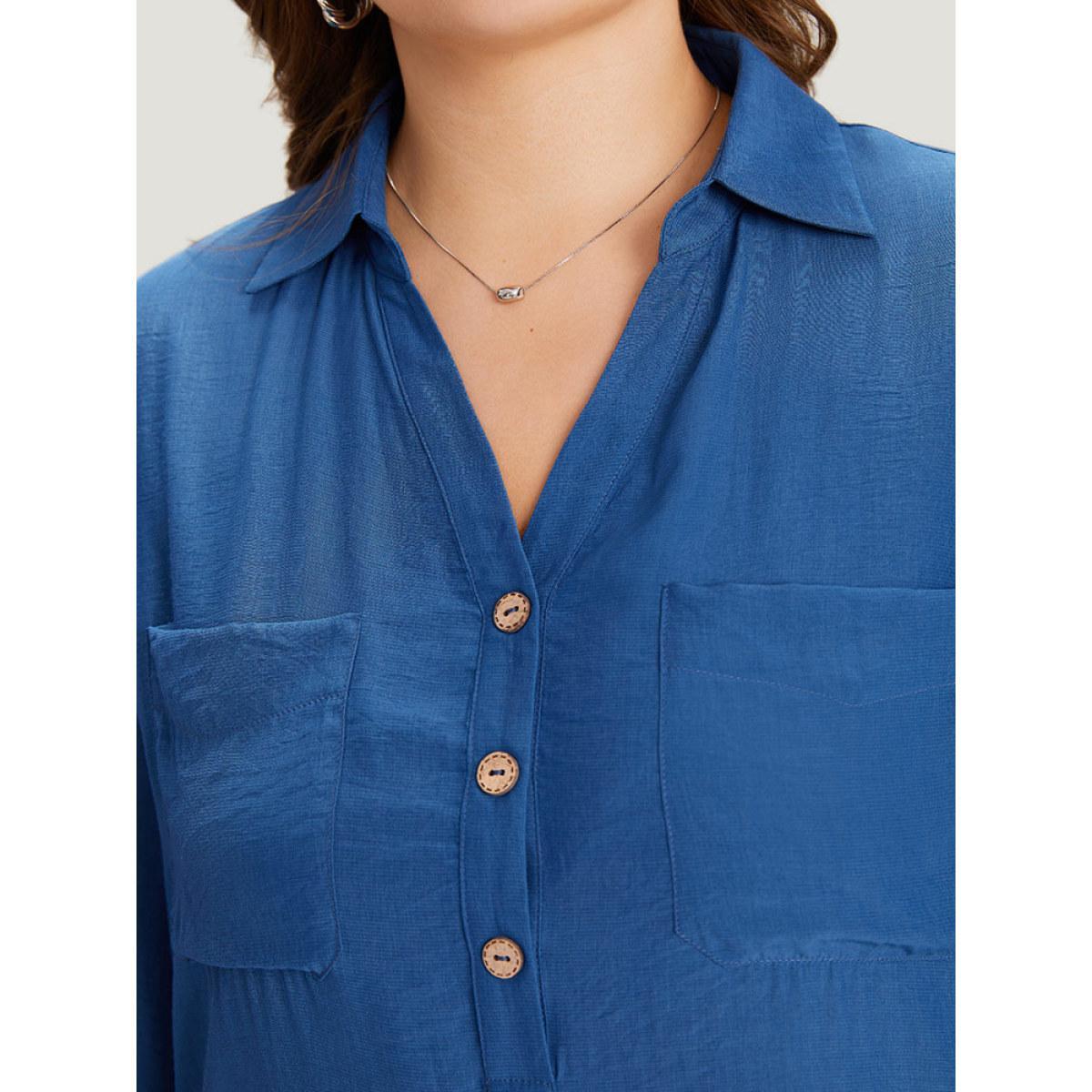 Plus Size Aegean Supersoft Essentials Solid Button Up Pocket Shirt Collar Blouse Women Office Elbow-length sleeve V-neck Dailywear Blouses BloomChic 14-16/1X Product Image