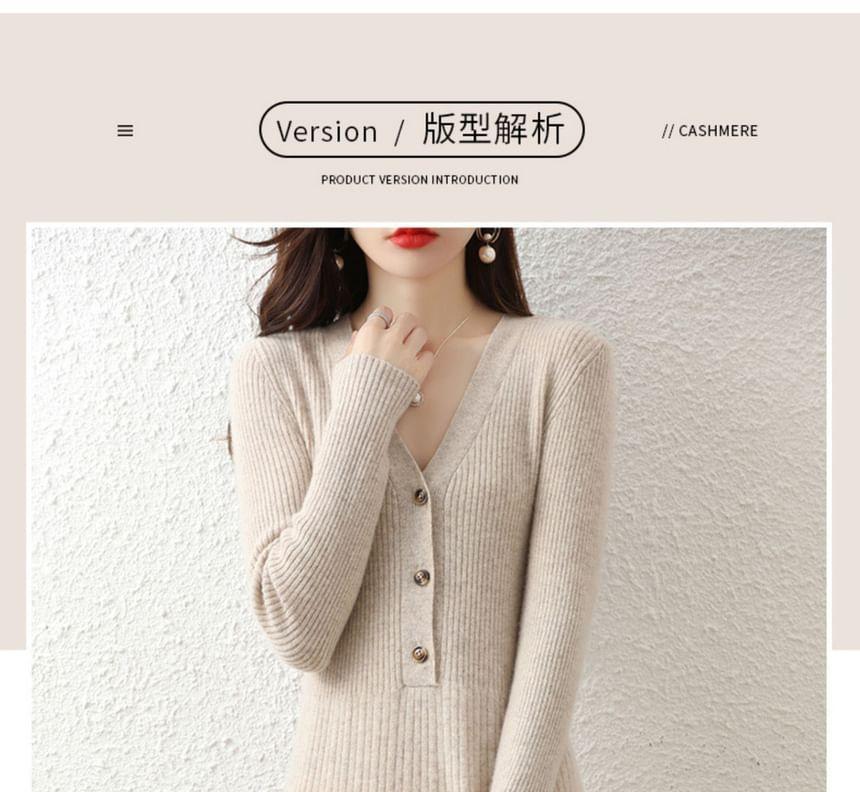 Long-Sleeve V-Neck Plain Button Ribbed Midi A-Line Knit Dress Product Image