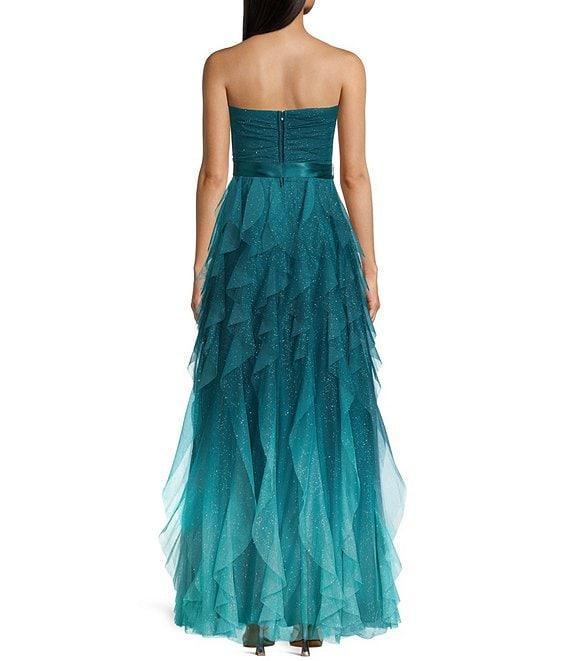 Pear Culture Strapless Glitter Ombre Mesh Ruffled Corkscrew Dress Product Image