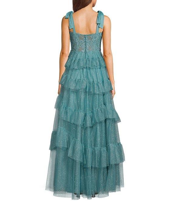 City Vibe Sweetheart Neck Bustier Tie Strap Illusion Corset Waist Embroidered Applique Ruffled Dress Product Image
