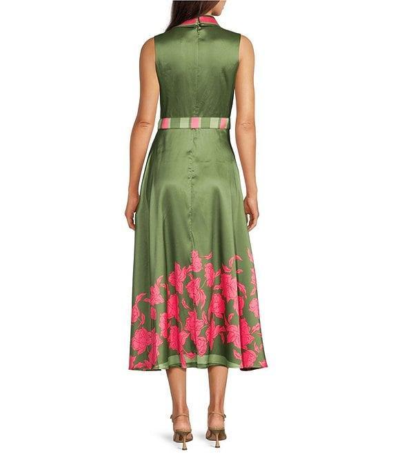 Belle by Badgley Mischka Samara Woven Floral Notch Collar Sleeveless Belted A-Line Midi Dress Product Image