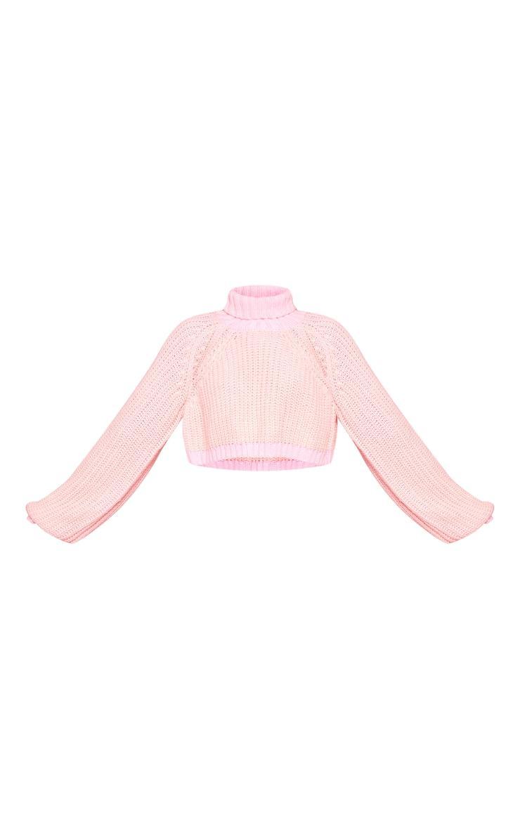 Pink And Cream Knit Roll Neck Cut Out Cropped Sweater Product Image