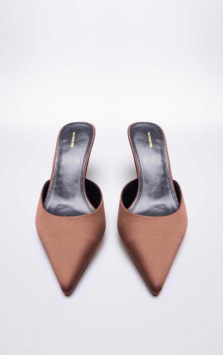 Chocolate Satin Point Toe Mid Stiletto Heeled Mules Product Image