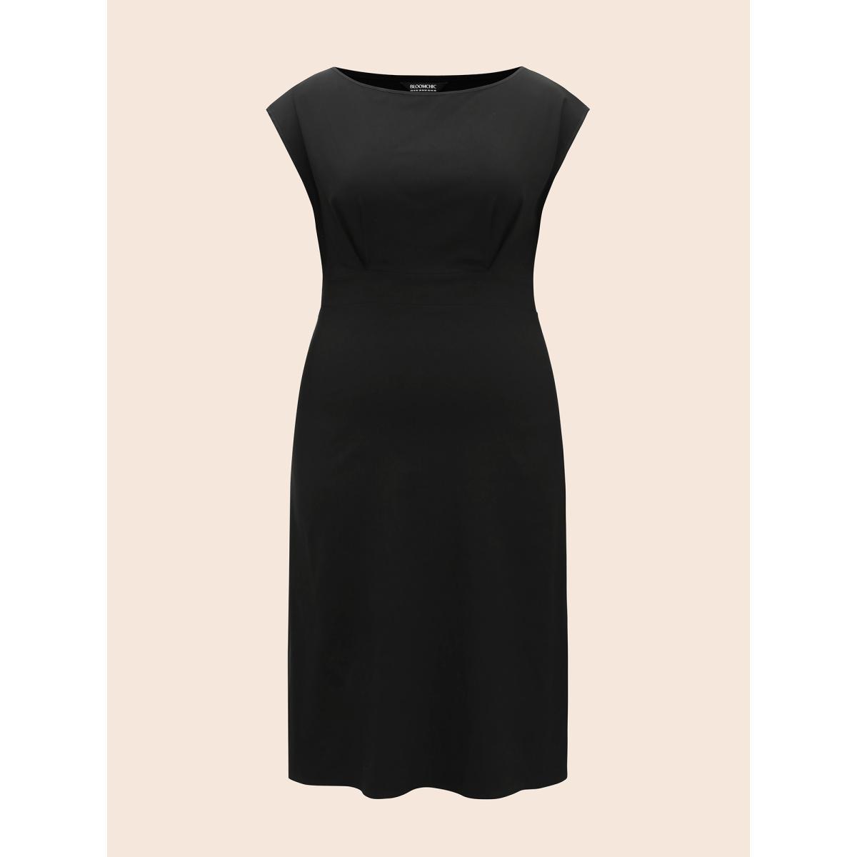 Plus Size Stretch Woven Cowl Neckline Midi Dress Black Women Workwear Essentials Pleated Boat Neck Cap Sleeve Curvy BloomChic 10/M Product Image