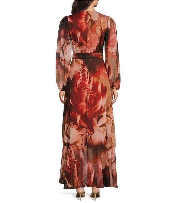 Alex Marie Diana Chiffon Floral Print V-Neck Long Blouson Sleeve Tie Waist Hi-Low Flounce Wrap Maxi Dress Product Image