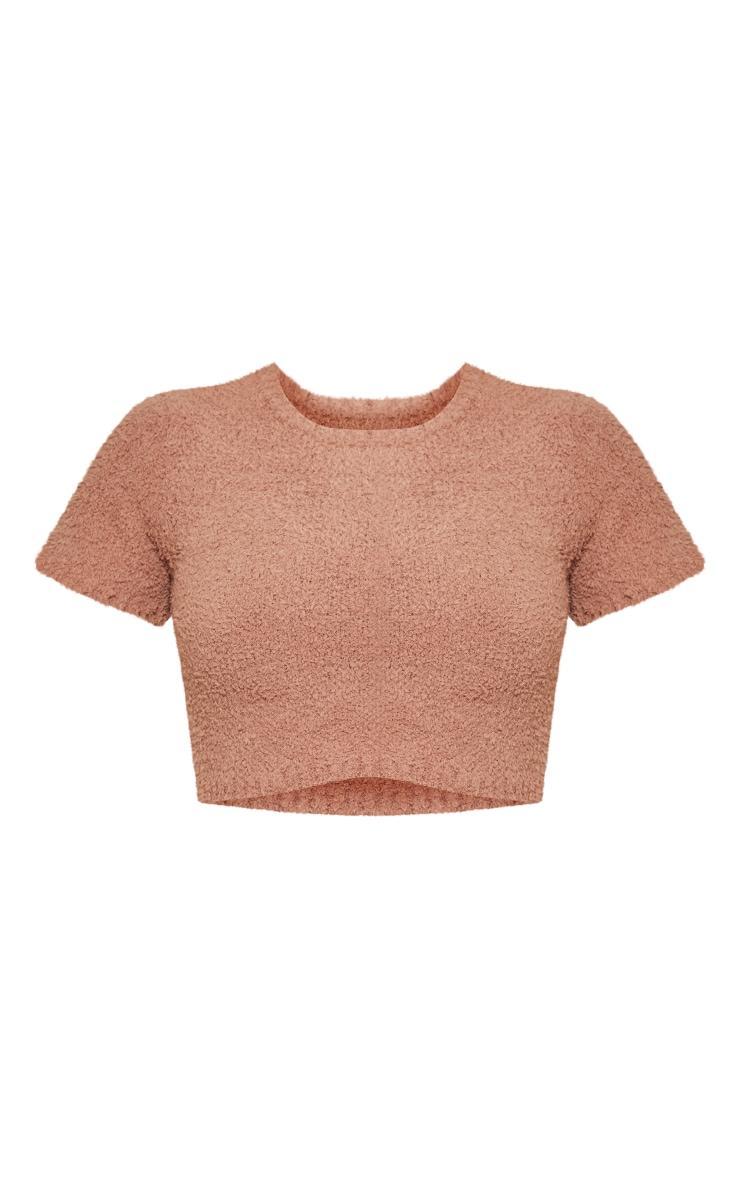  Brown Teddy Knit Short Sleeve Crop Top Product Image