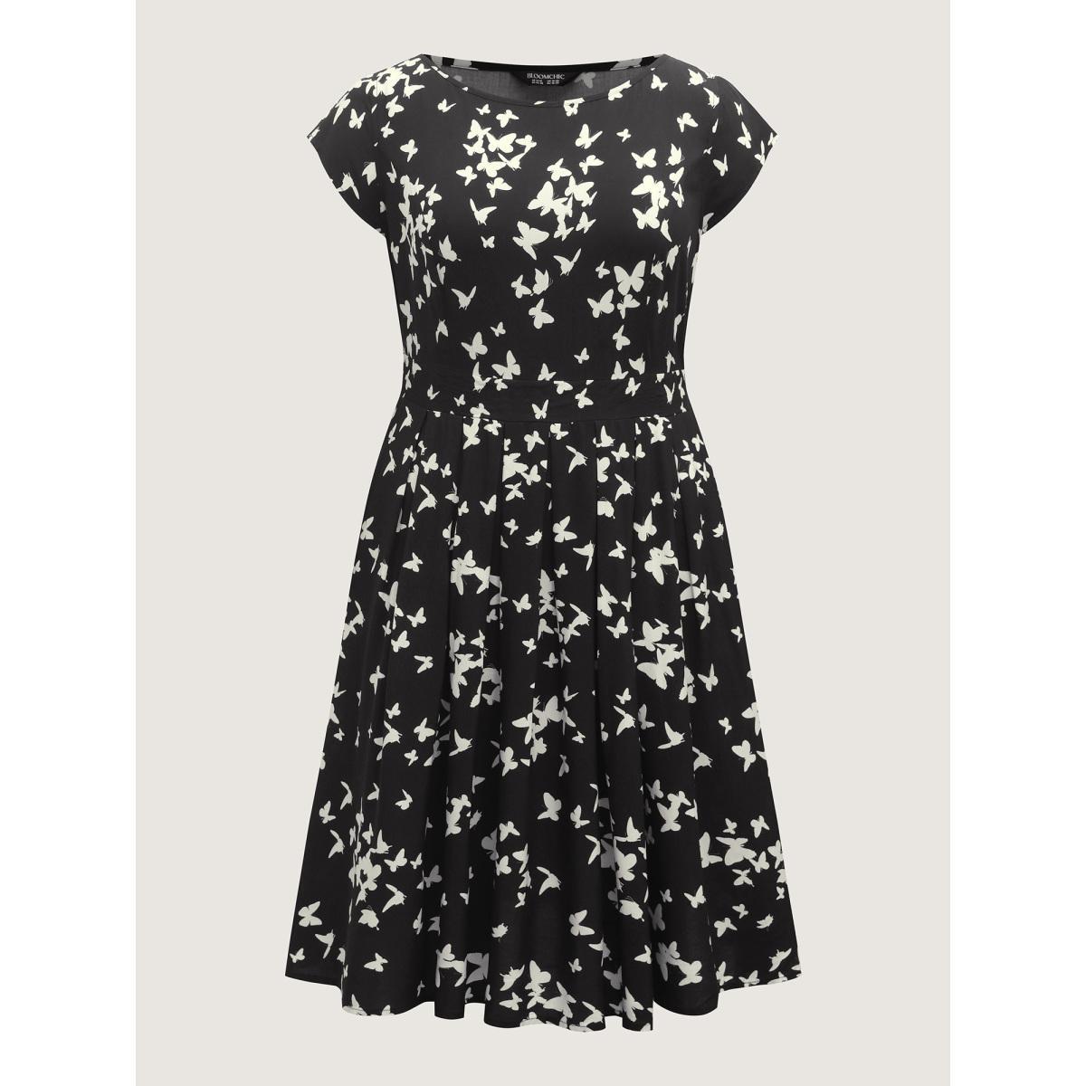 Plus Size Rayon Monochrome Butterfly Stretchy Midi Dress BlackFlower Women Boat Neck Cap Sleeve Curvy BloomChic 12/L Product Image