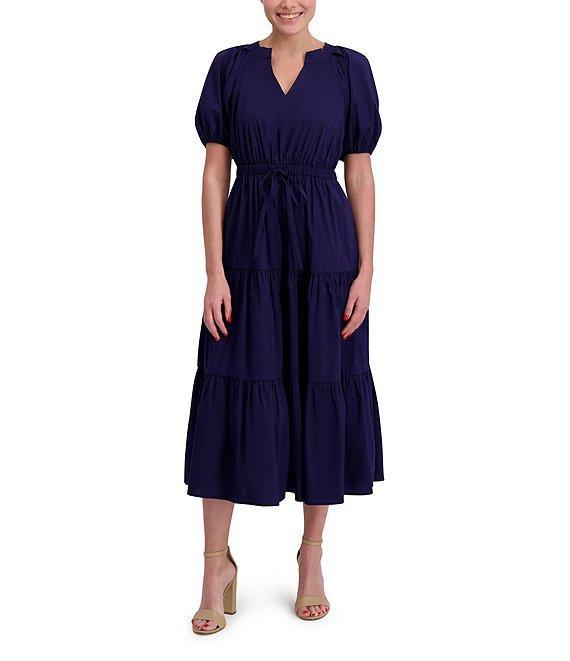 Anne Klein Poplin V-Neck Short Puff Sleeve Waist Tie Blouson Midi Dress Product Image
