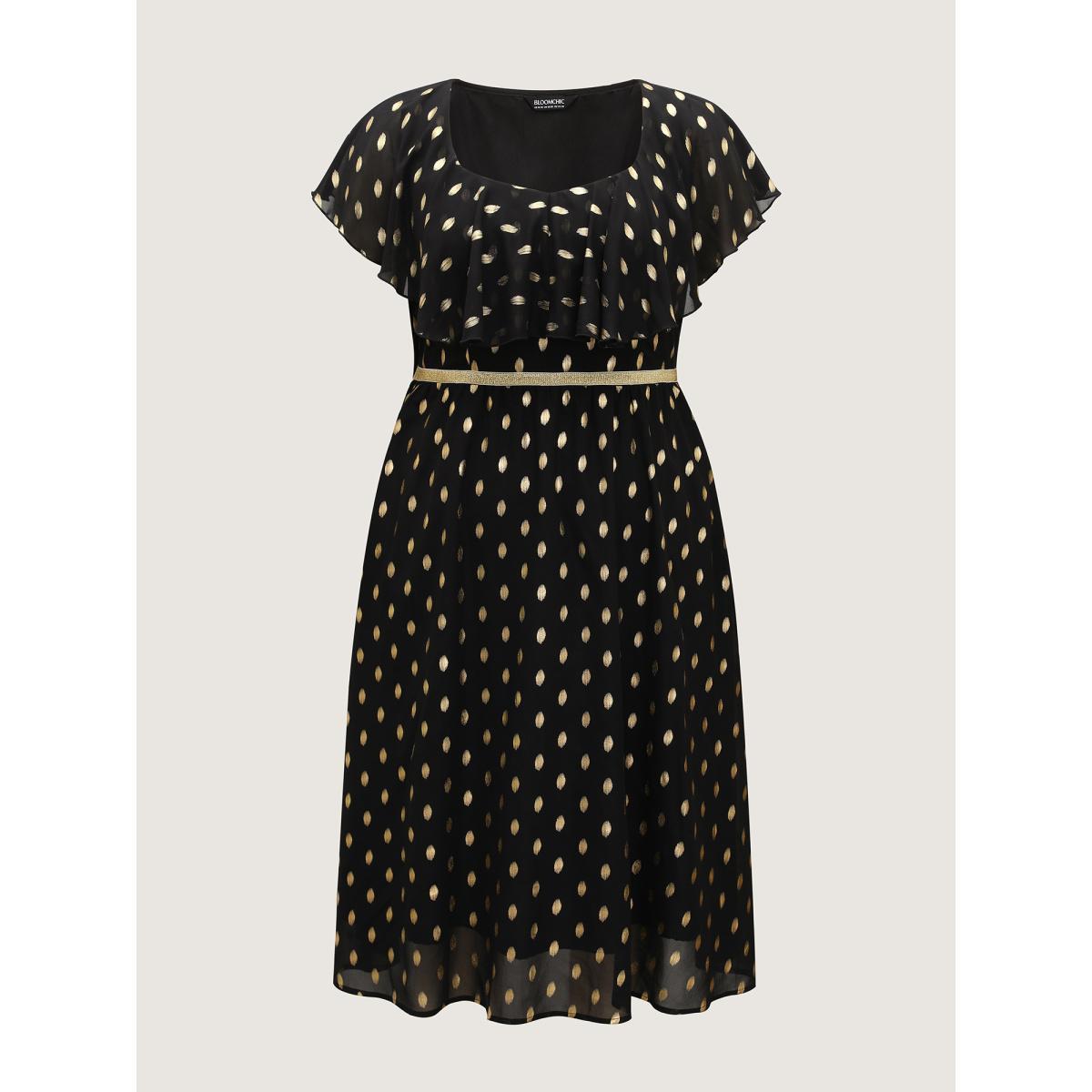Plus Size Shimmery Polka Dot Stretchy Waist Midi Dress BlackFlower Women Party Curvy Bloomchic 14-16/1X Product Image