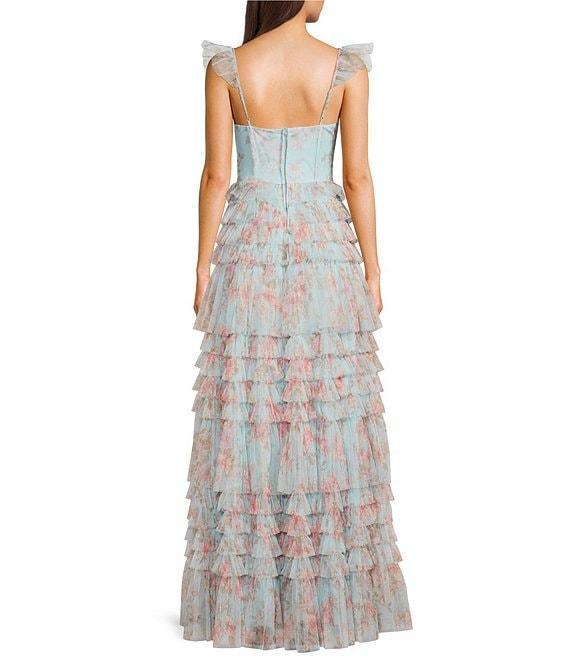 B. Darlin Floral Print Sweetheart Neck Bustier Spaghetti Strap Flutter Sleeve Ruffle Dress Product Image