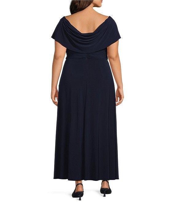 Alex Evenings Plus Size Matte Jersey Cowl Neck Cap Sleeve Pleated Embellished Side Detail Long Gown Product Image