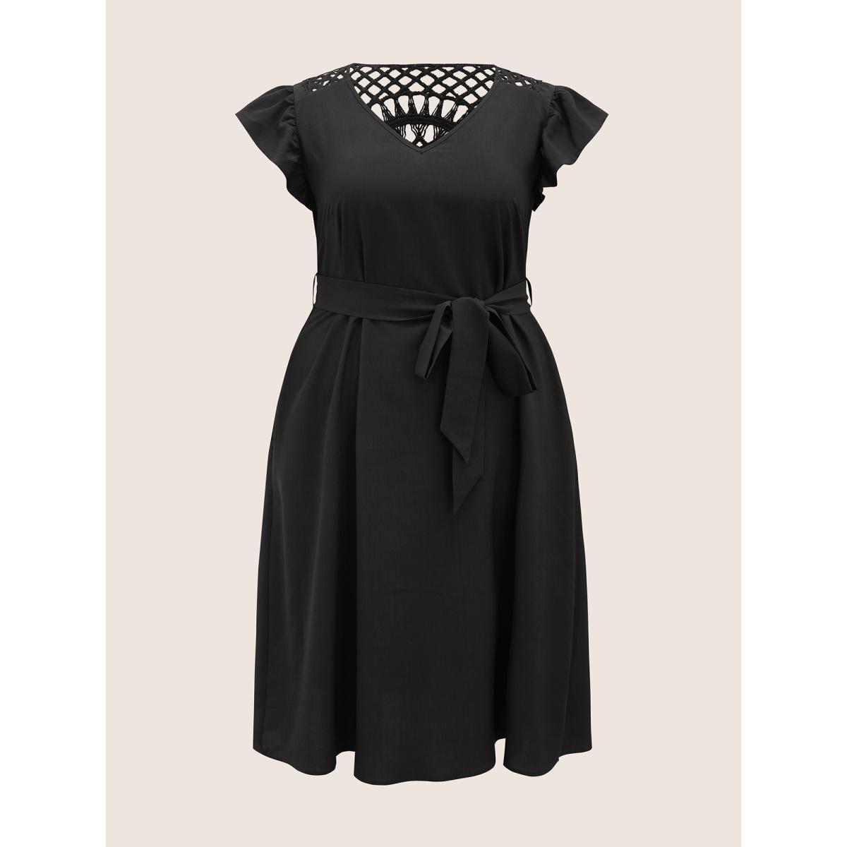 Plus Size Solid Cut Out Ruffle Cap Sleeve Dress Black Women Resort Woven ribbon&lace trim V-neck Cap Sleeve Curvy Midi Dress BloomChic 28/5X Product Image