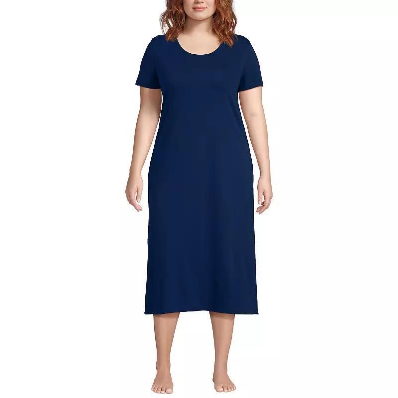Plus Size Lands End Short Sleeve Midcalf Nightgown, Womens Deep Blue Product Image