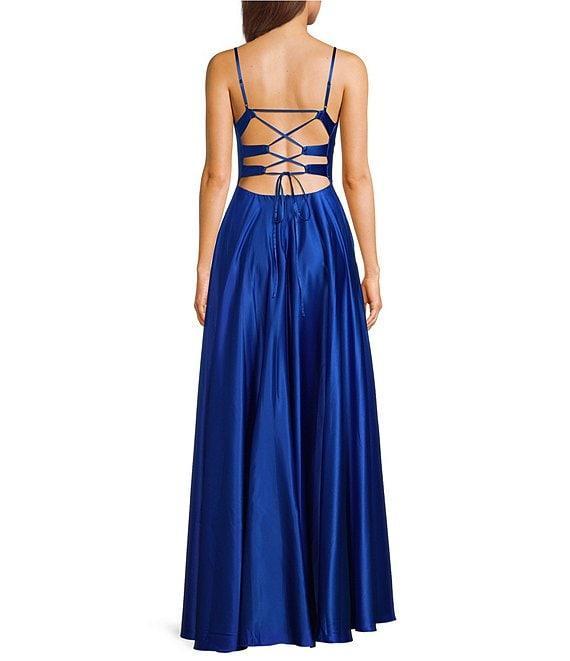 B. Darlin Cowl Neck Spaghetti Strap Lace Up Back Side Slit Dress Product Image